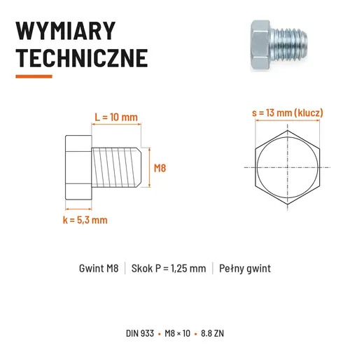 Śruba sześciokątna DIN 933 M8x10 pełny gwint 8.8 ocynkowana