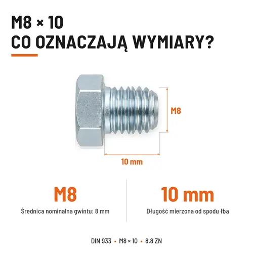 Śruba sześciokątna DIN 933 M8x10 pełny gwint 8.8 ocynkowana