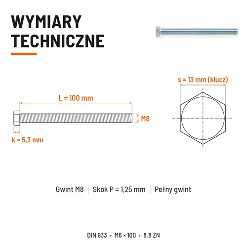 ŚRUBA SZEŚCIOKĄTNA DIN 933 M8X100 KLASA 8.8 OCYNK GALWANICZNY