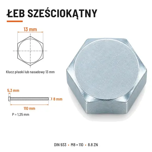 ŚRUBA SZEŚCIOKĄTNA DIN 933 M8X110 KLASA 8.8 OCYNK GALWANICZNY