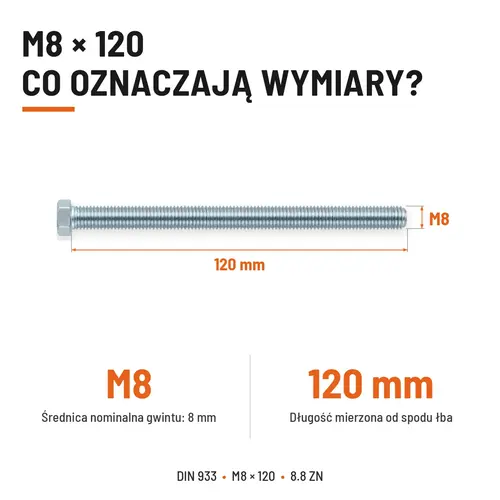 ŚRUBA SZEŚCIOKĄTNA DIN 933 M8X120 KLASA 8.8 OCYNK GALWANICZNY