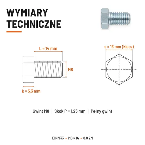 ŚRUBA SZEŚCIOKĄTNA DIN 933 M8X14 KLASA 8.8 OCYNK GALWANICZNY