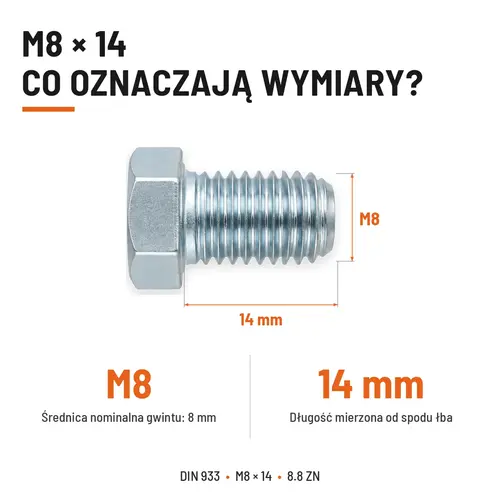 ŚRUBA SZEŚCIOKĄTNA DIN 933 M8X14 KLASA 8.8 OCYNK GALWANICZNY