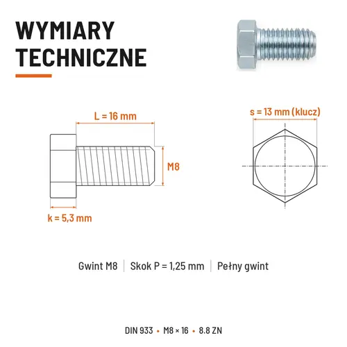 ŚRUBA SZEŚCIOKĄTNA DIN 933 M8X16 KLASA 8.8 OCYNK GALWANICZNY