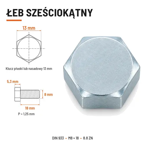 ŚRUBA SZEŚCIOKĄTNA DIN 933 M8X18 KLASA 8.8 OCYNK GALWANICZNY