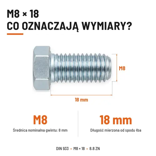 ŚRUBA SZEŚCIOKĄTNA DIN 933 M8X18 KLASA 8.8 OCYNK GALWANICZNY
