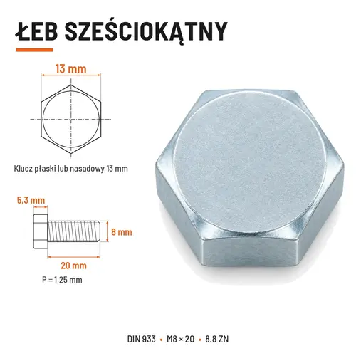 ŚRUBA SZEŚCIOKĄTNA DIN 933 M8X20 KLASA 8.8 OCYNK GALWANICZNY