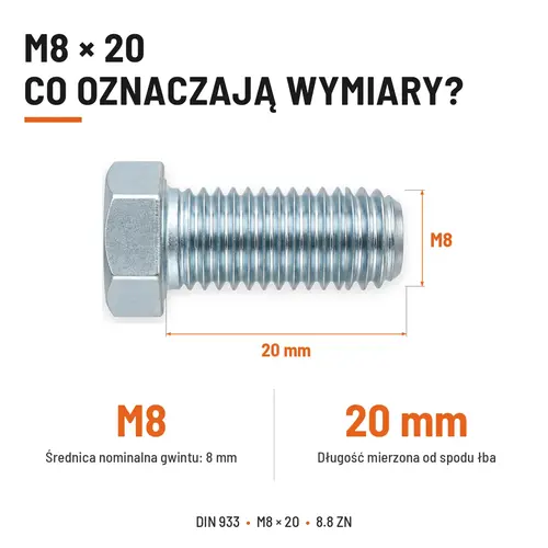 ŚRUBA SZEŚCIOKĄTNA DIN 933 M8X20 KLASA 8.8 OCYNK GALWANICZNY