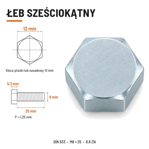 ŚRUBA SZEŚCIOKĄTNA DIN 933 M8X25 KLASA 8.8 OCYNK GALWANICZNY