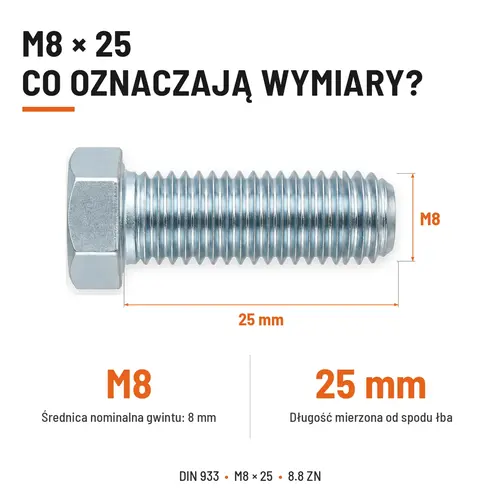 ŚRUBA SZEŚCIOKĄTNA DIN 933 M8X25 KLASA 8.8 OCYNK GALWANICZNY