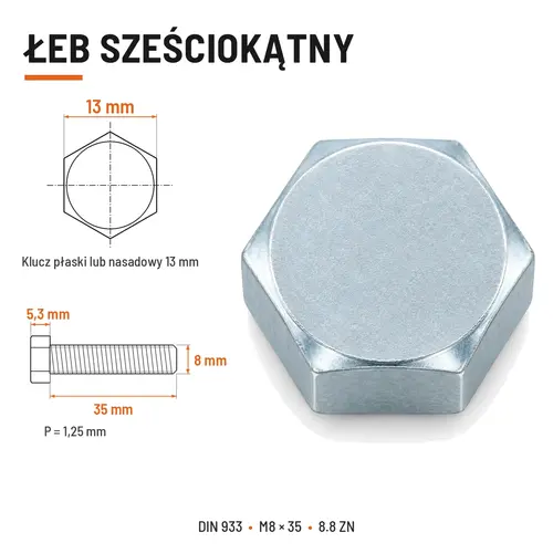 ŚRUBA SZEŚCIOKĄTNA DIN 933 M8X35 KLASA 8.8 OCYNK GALWANICZNY