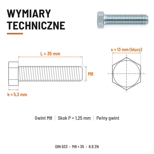 ŚRUBA SZEŚCIOKĄTNA DIN 933 M8X35 KLASA 8.8 OCYNK GALWANICZNY