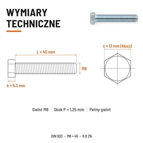 ŚRUBA SZEŚCIOKĄTNA DIN 933 M8X45 KLASA 8.8 OCYNK GALWANICZNY