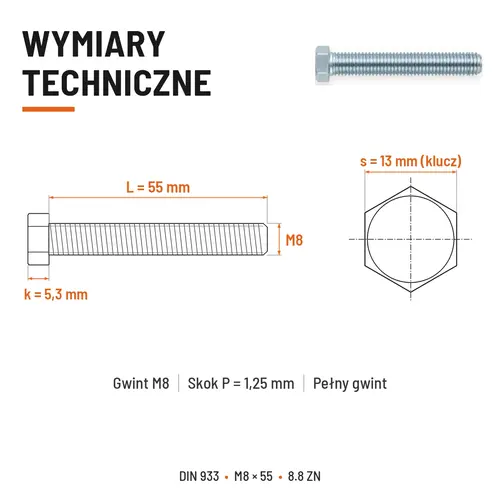 ŚRUBA SZEŚCIOKĄTNA DIN 933 M8X55 KLASA 8.8 OCYNK GALWANICZNY