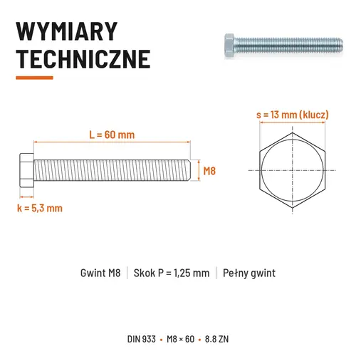 ŚRUBA SZEŚCIOKĄTNA DIN 933 M8X60 KLASA 8.8 OCYNK GALWANICZNY