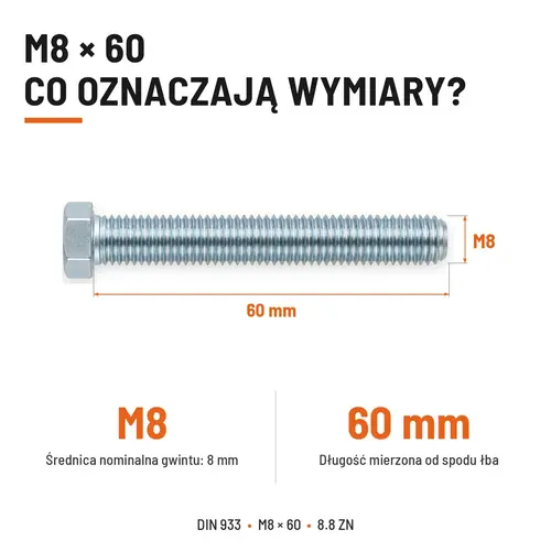ŚRUBA SZEŚCIOKĄTNA DIN 933 M8X60 KLASA 8.8 OCYNK GALWANICZNY