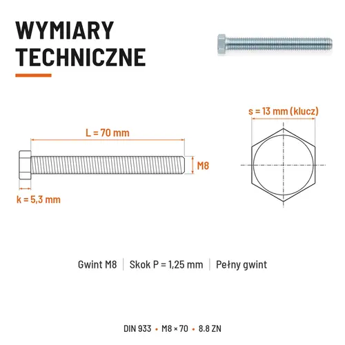 ŚRUBA SZEŚCIOKĄTNA DIN 933 M8X70 KLASA 8.8 OCYNK GALWANICZNY