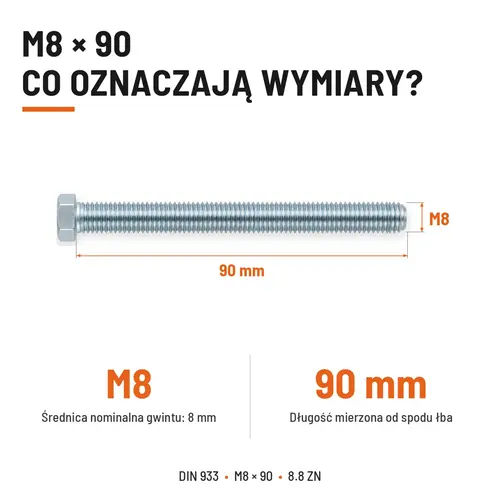 ŚRUBA SZEŚCIOKĄTNA DIN 933 M8X90 KLASA 8.8 OCYNK GALWANICZNY