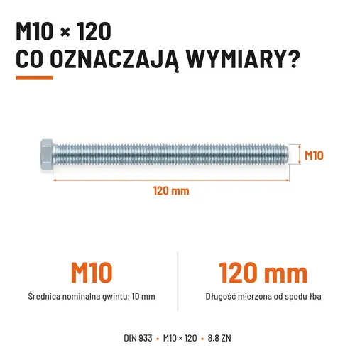 ŚRUBA SZEŚCIOKĄTNA DIN 933 M10X120 KLASA 8.8 OCYNK GALWANICZNY