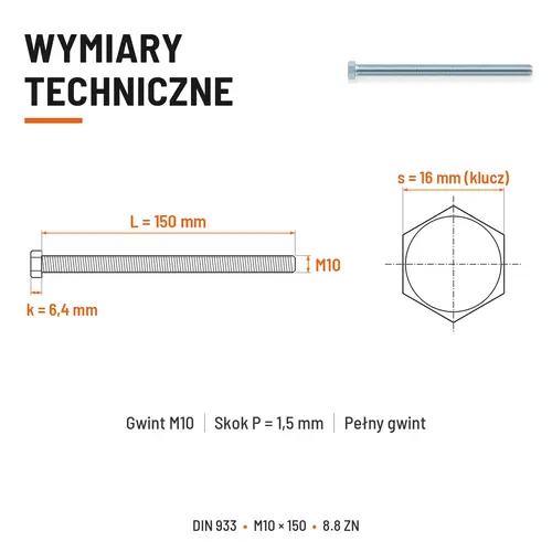 ŚRUBA SZEŚCIOKĄTNA DIN 933 M10X150 KLASA 8.8 OCYNK GALWANICZNY