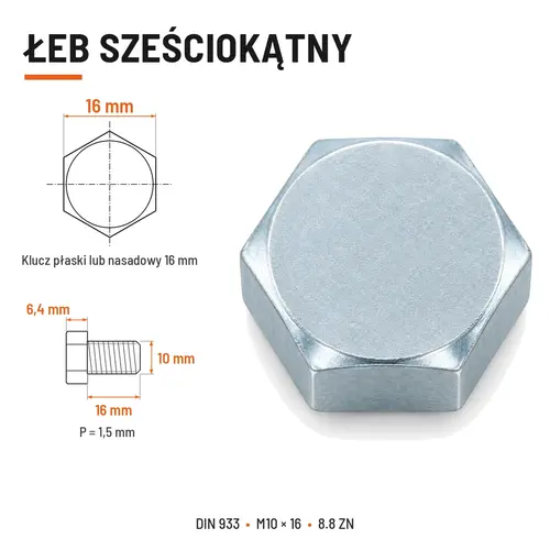 ŚRUBA SZEŚCIOKĄTNA DIN 933 M10X16 KLASA 8.8 OCYNK GALWANICZNY