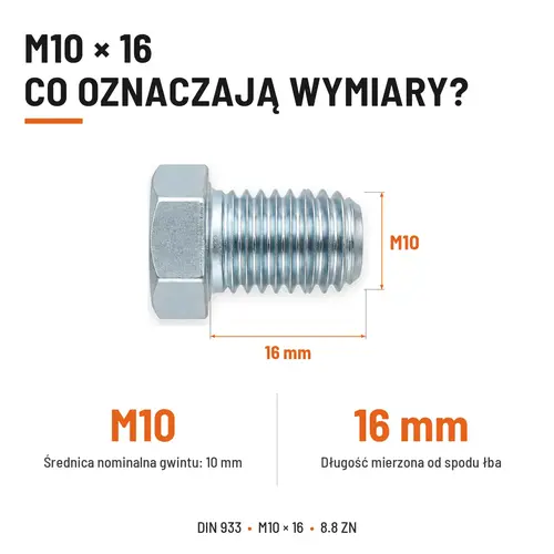 ŚRUBA SZEŚCIOKĄTNA DIN 933 M10X16 KLASA 8.8 OCYNK GALWANICZNY
