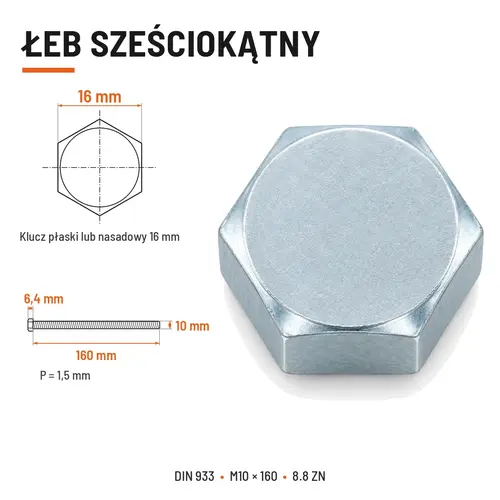 ŚRUBA SZEŚCIOKĄTNA DIN 933 M10X160 KLASA 8.8 OCYNK GALWANICZNY