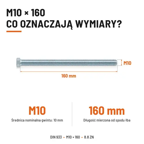 ŚRUBA SZEŚCIOKĄTNA DIN 933 M10X160 KLASA 8.8 OCYNK GALWANICZNY