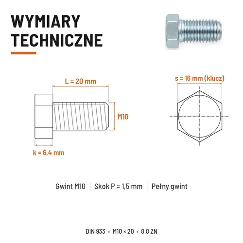 ŚRUBA SZEŚCIOKĄTNA DIN 933 M10X20 KLASA 8.8 OCYNK GALWANICZNY