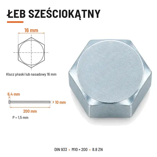 ŚRUBA SZEŚCIOKĄTNA DIN 933 M10X200 KLASA 8.8 OCYNK GALWANICZNY