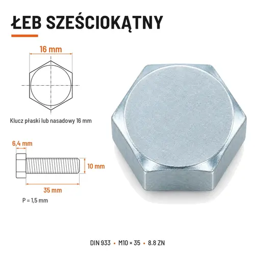 ŚRUBA SZEŚCIOKĄTNA DIN 933 M10X35 KLASA 8.8 OCYNK GALWANICZNY