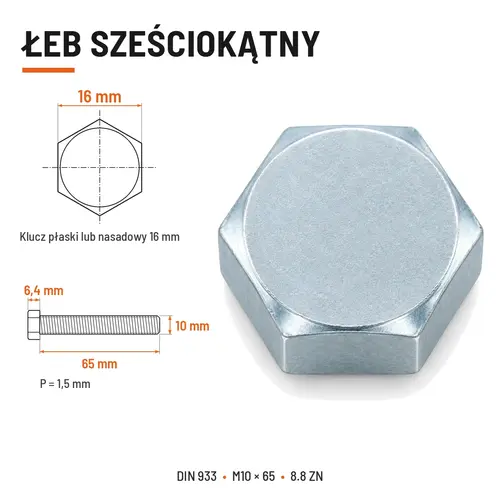 ŚRUBA SZEŚCIOKĄTNA DIN 933 M10X65 KLASA 8.8 OCYNK GALWANICZNY