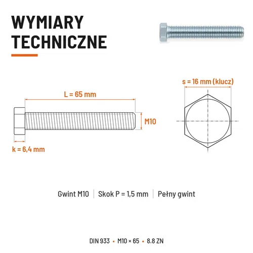 ŚRUBA SZEŚCIOKĄTNA DIN 933 M10X65 KLASA 8.8 OCYNK GALWANICZNY
