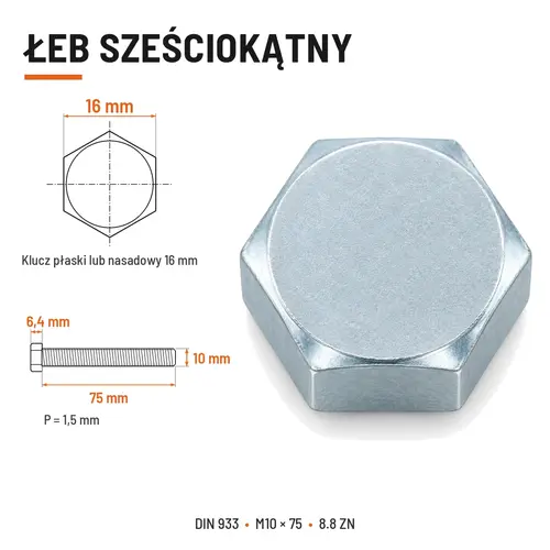 ŚRUBA SZEŚCIOKĄTNA DIN 933 M10X75 KLASA 8.8 OCYNK GALWANICZNY