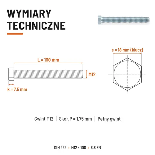 ŚRUBA SZEŚCIOKĄTNA DIN 933 M12X100 KLASA 8.8 OCYNK GALWANICZNY