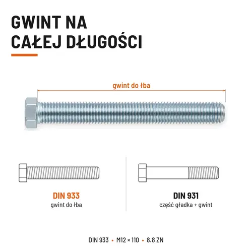 ŚRUBA SZEŚCIOKĄTNA DIN 933 M12X110 KLASA 8.8 OCYNK GALWANICZNY