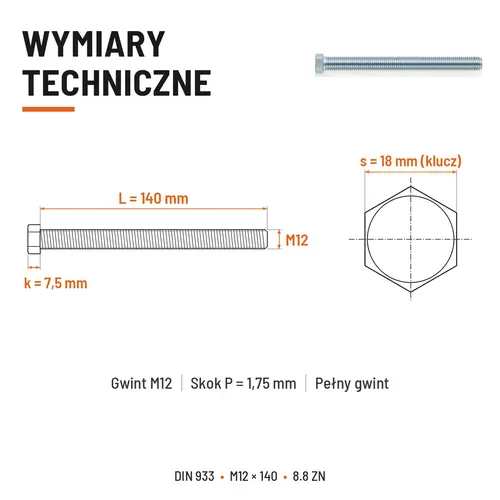 ŚRUBA SZEŚCIOKĄTNA DIN 933 M12X140 KLASA 8.8 OCYNK GALWANICZNY