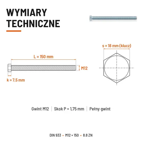 ŚRUBA SZEŚCIOKĄTNA DIN 933 M12X150 KLASA 8.8 OCYNK GALWANICZNY
