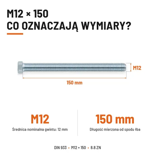 ŚRUBA SZEŚCIOKĄTNA DIN 933 M12X150 KLASA 8.8 OCYNK GALWANICZNY