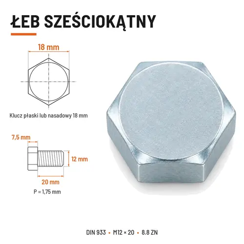 ŚRUBA SZEŚCIOKĄTNA DIN 933 M12X20 KLASA 8.8 OCYNK GALWANICZNY