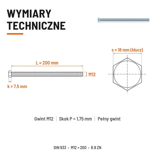ŚRUBA SZEŚCIOKĄTNA DIN 933 M12X200 KLASA 8.8 OCYNK GALWANICZNY