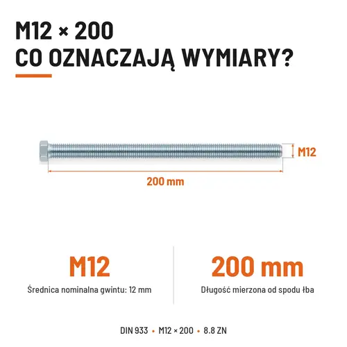 ŚRUBA SZEŚCIOKĄTNA DIN 933 M12X200 KLASA 8.8 OCYNK GALWANICZNY