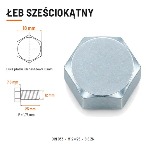 ŚRUBA SZEŚCIOKĄTNA DIN 933 M12X25 KLASA 8.8 OCYNK GALWANICZNY