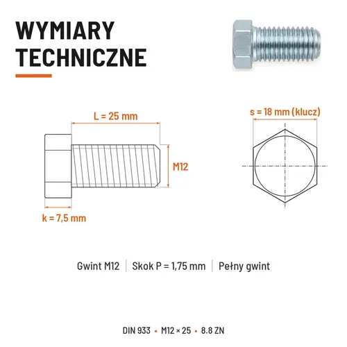 ŚRUBA SZEŚCIOKĄTNA DIN 933 M12X25 KLASA 8.8 OCYNK GALWANICZNY