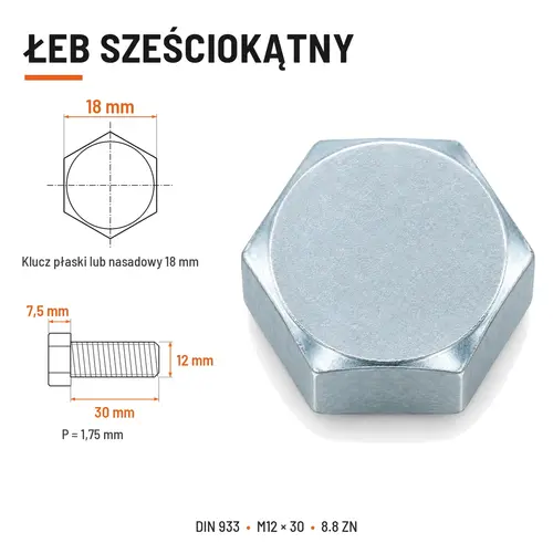 ŚRUBA SZEŚCIOKĄTNA DIN 933 M12X30 KLASA 8.8 OCYNK GALWANICZNY