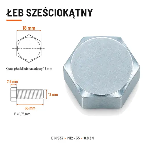 ŚRUBA SZEŚCIOKĄTNA DIN 933 M12X35 KLASA 8.8 OCYNK GALWANICZNY