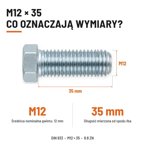 ŚRUBA SZEŚCIOKĄTNA DIN 933 M12X35 KLASA 8.8 OCYNK GALWANICZNY