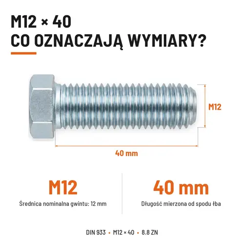 ŚRUBA SZEŚCIOKĄTNA DIN 933 M12X40 KLASA 8.8 OCYNK GALWANICZNY