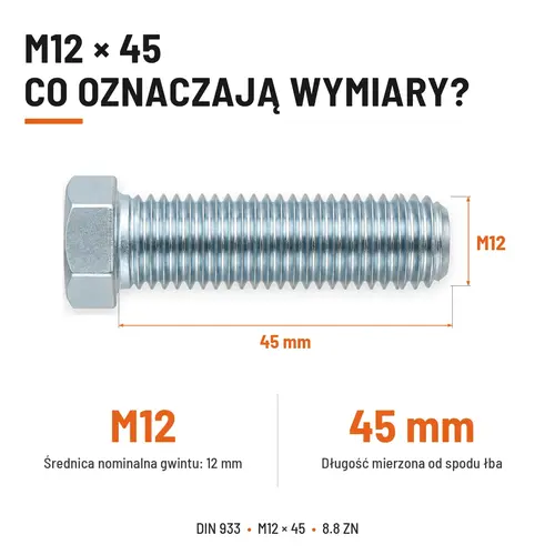 ŚRUBA SZEŚCIOKĄTNA DIN 933 M12X45 KLASA 8.8 OCYNK GALWANICZNY