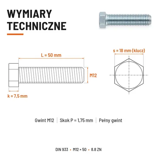 ŚRUBA SZEŚCIOKĄTNA DIN 933 M12X50 KLASA 8.8 OCYNK GALWANICZNY